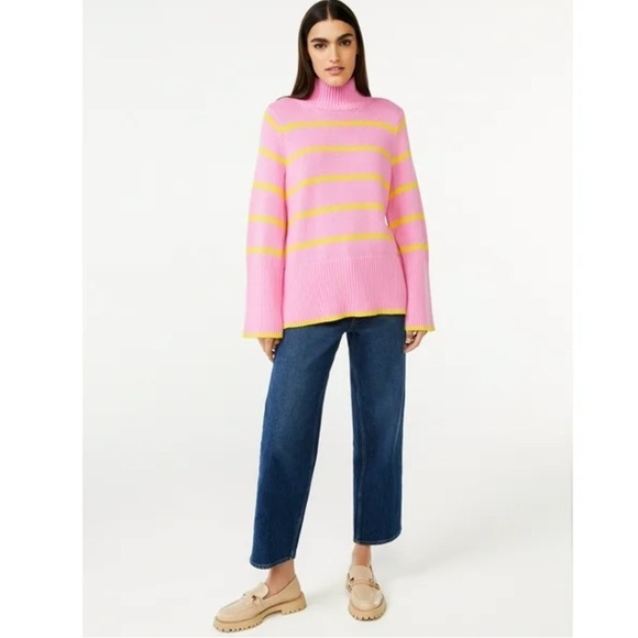 Free Assembly pink yellow stripes ribbed turtleneck I cotton sweater Sz S - Picture 3 of 9